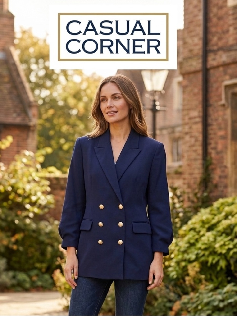Casual Corner Navy Double-Breasted Blazer with Gold Buttons